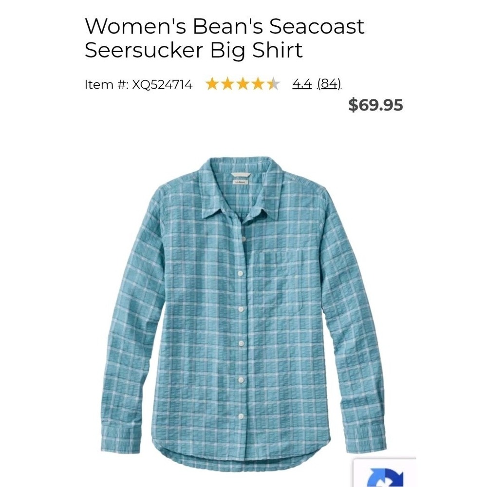 LL Beans Women's Seacoast Seersucker Big Shirt Size Medium Silver Blue Plaid NWT